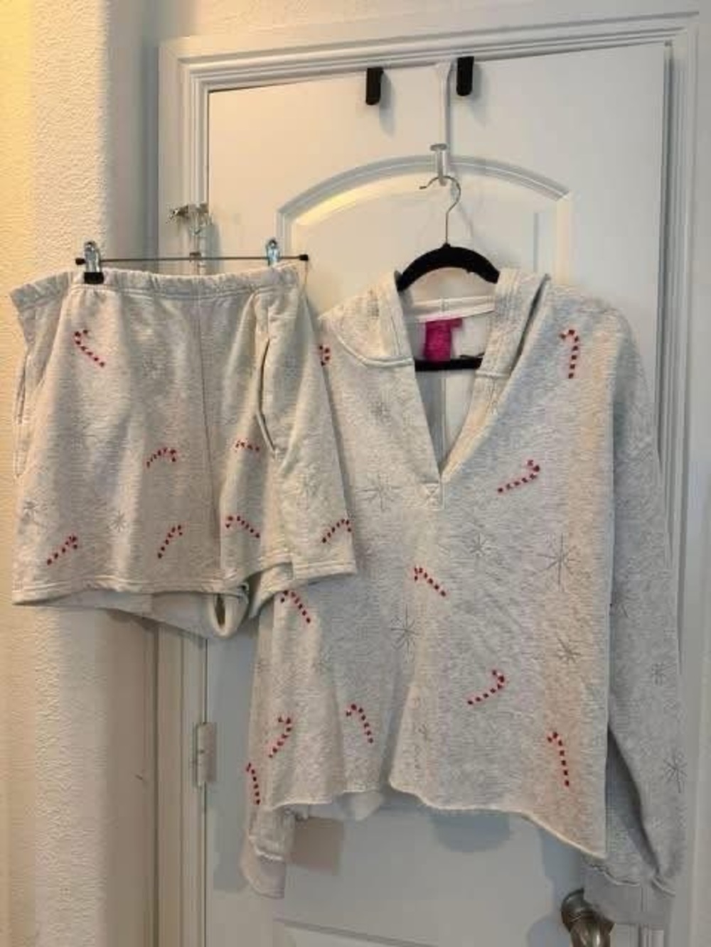 QUEEN OF SPARKLES Light Gray Candy Cane Hooded Lounge Set with Red Accents